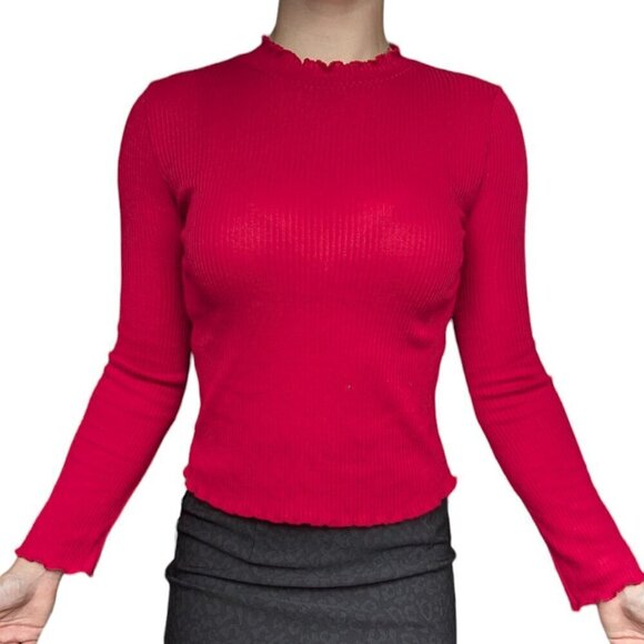 HM Red  Ribbed Long Sleeve Party Top With Frilled Neckline and Sleeves Women M - Picture 1 of 8